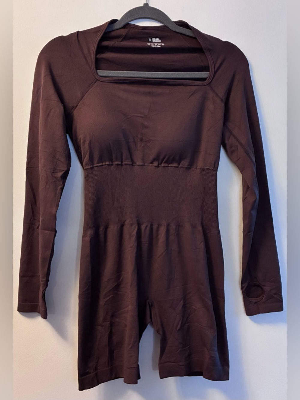 Long Sleeve Square Neck Romper - Dark Brown M